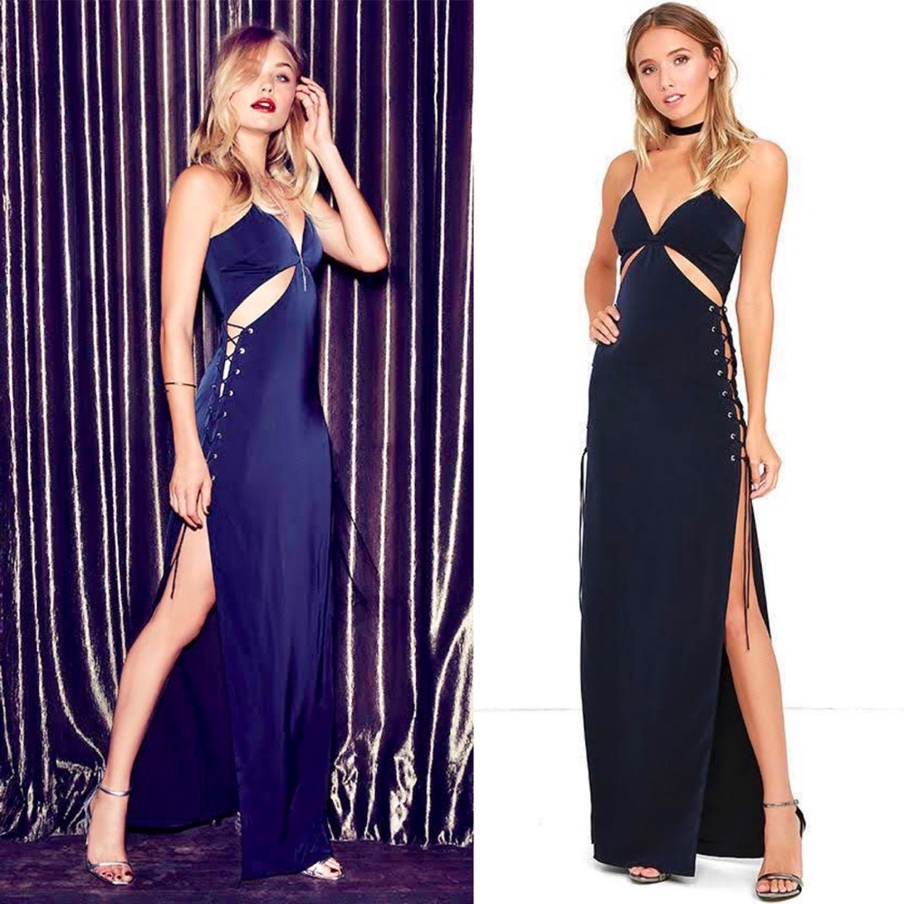 NBD x REVOLVE Leighton Lace Up Cutout Maxi Slip Gown in Navy Blue